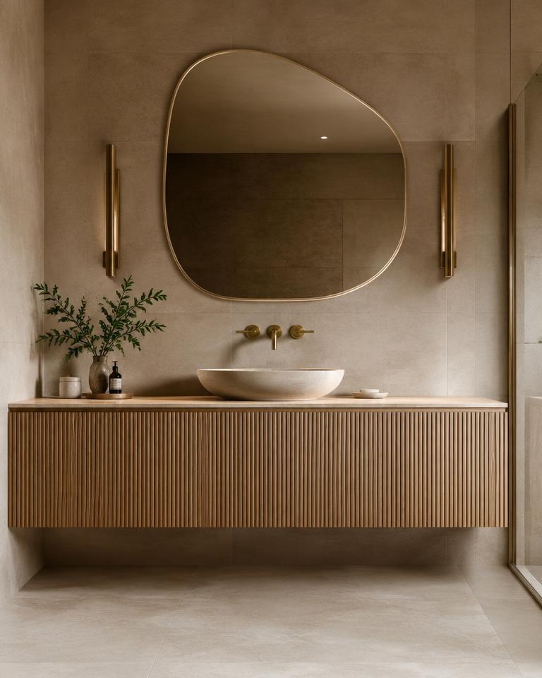 An oak bathroom vanity with a round mirror, stone walls and brass tap