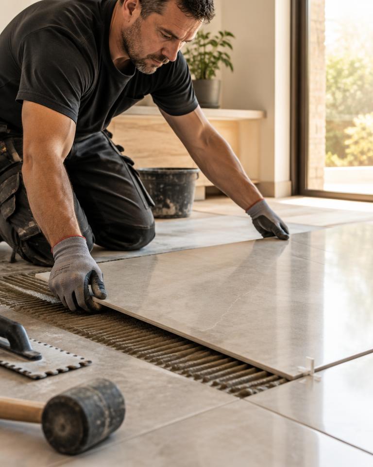 A professional fitter carefully installing large-format floor tiles