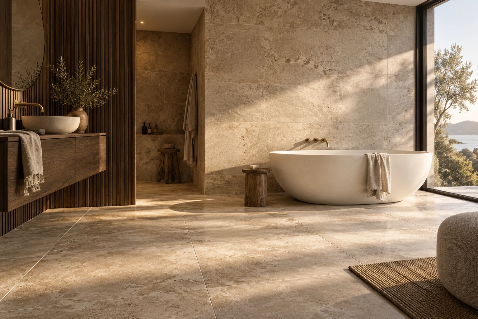 Sunlit travertine bathroom with a sculptural freestanding bath, walnut vanity and brushed brass fittings