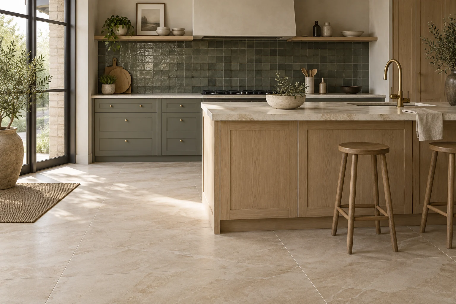 Warm large-format stone-effect floor tiles and a glazed green kitchen backsplash in an illustrative kitchen
