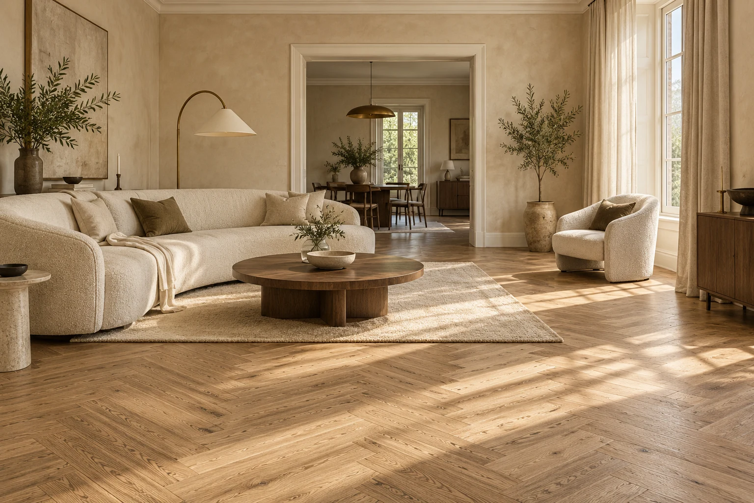 A calm contemporary living room with natural oak herringbone flooring and a curved ivory sofa